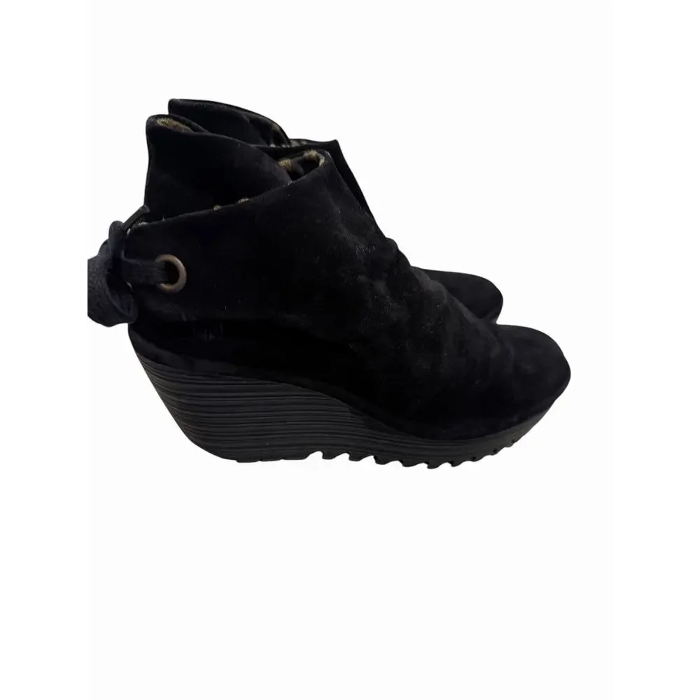 $180 New FLY London Women’s US‎ 7.5 EU 38 Yebi Wedge Boot Shoe Black Leather Y2K